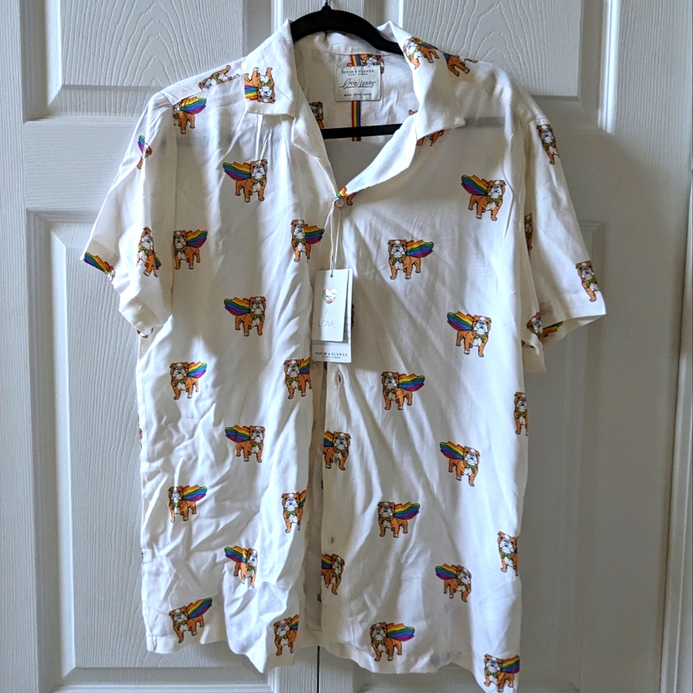 NWT Denim & Flower - Love is Love-Bulldog and Rainbow Pride flag Shirt - Size M